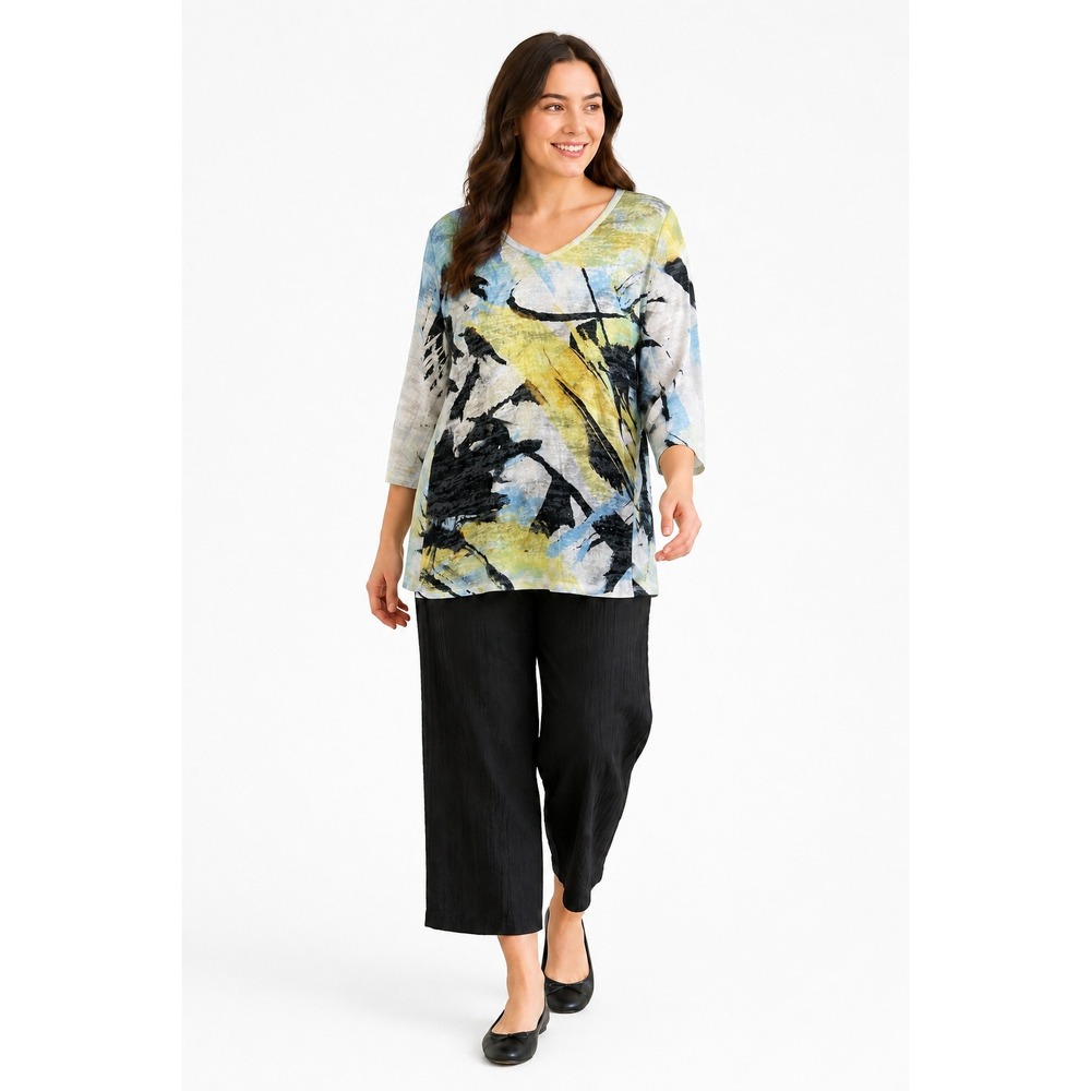 Jess & Jane Art to Wear Tunic Top XL Abstract Print V Neck 3/4 Sleeve USA Cotton